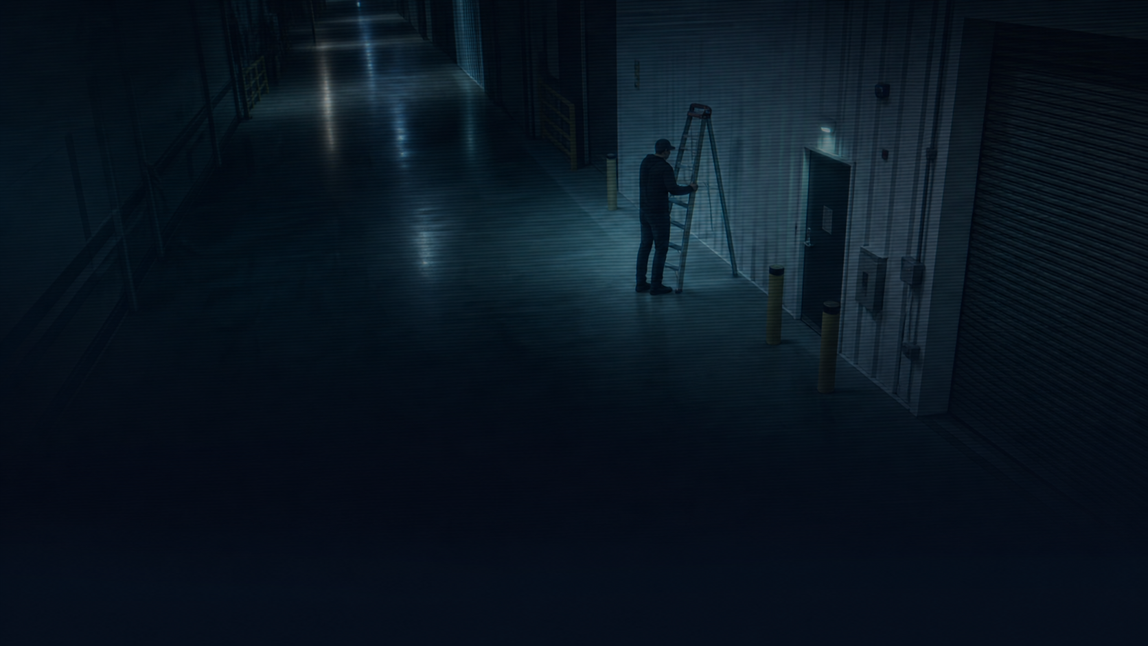 After-hours security camera view of a person near a ladder