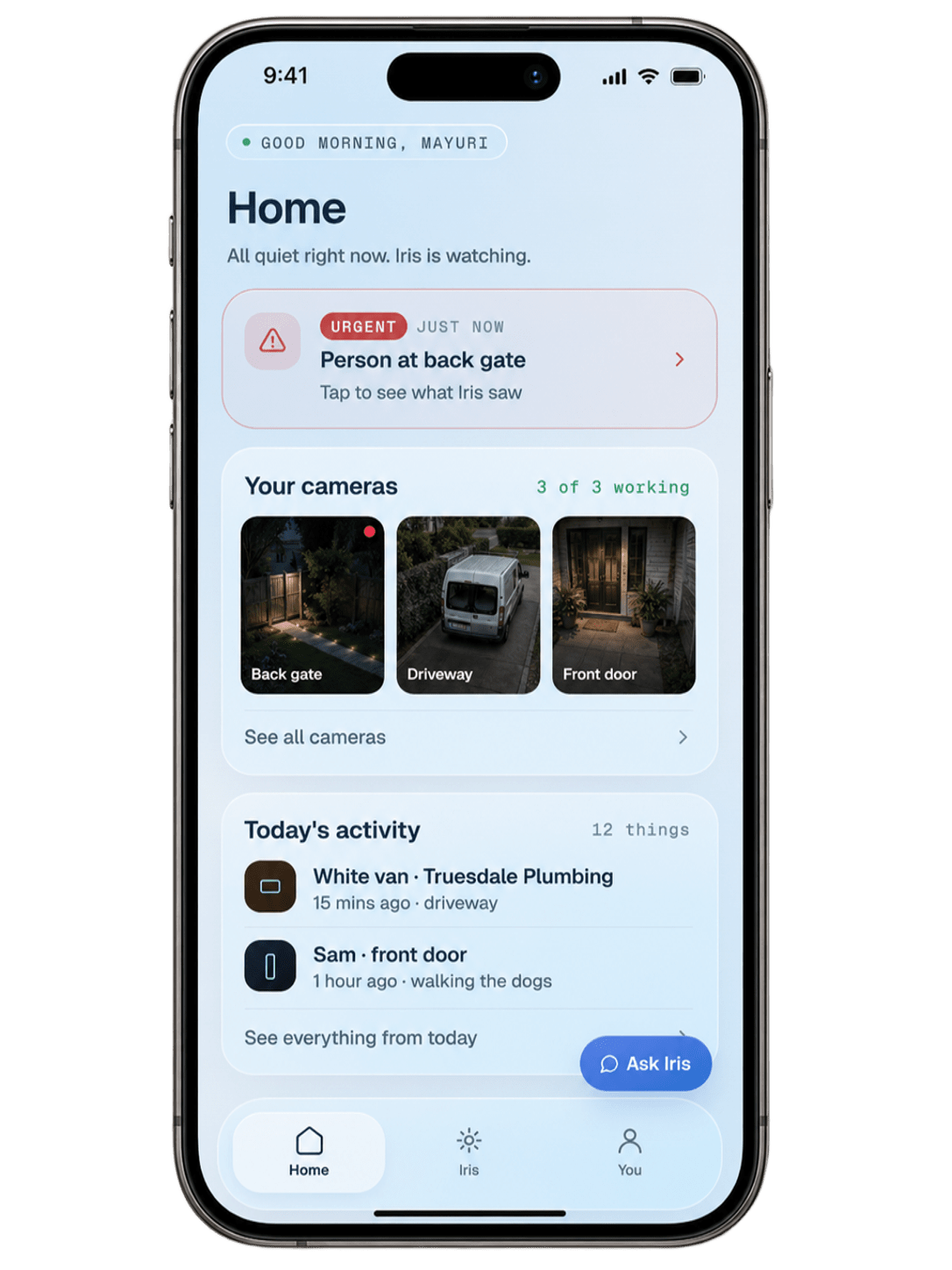 Nsight app home screen — cameras, alerts, and Iris assistant